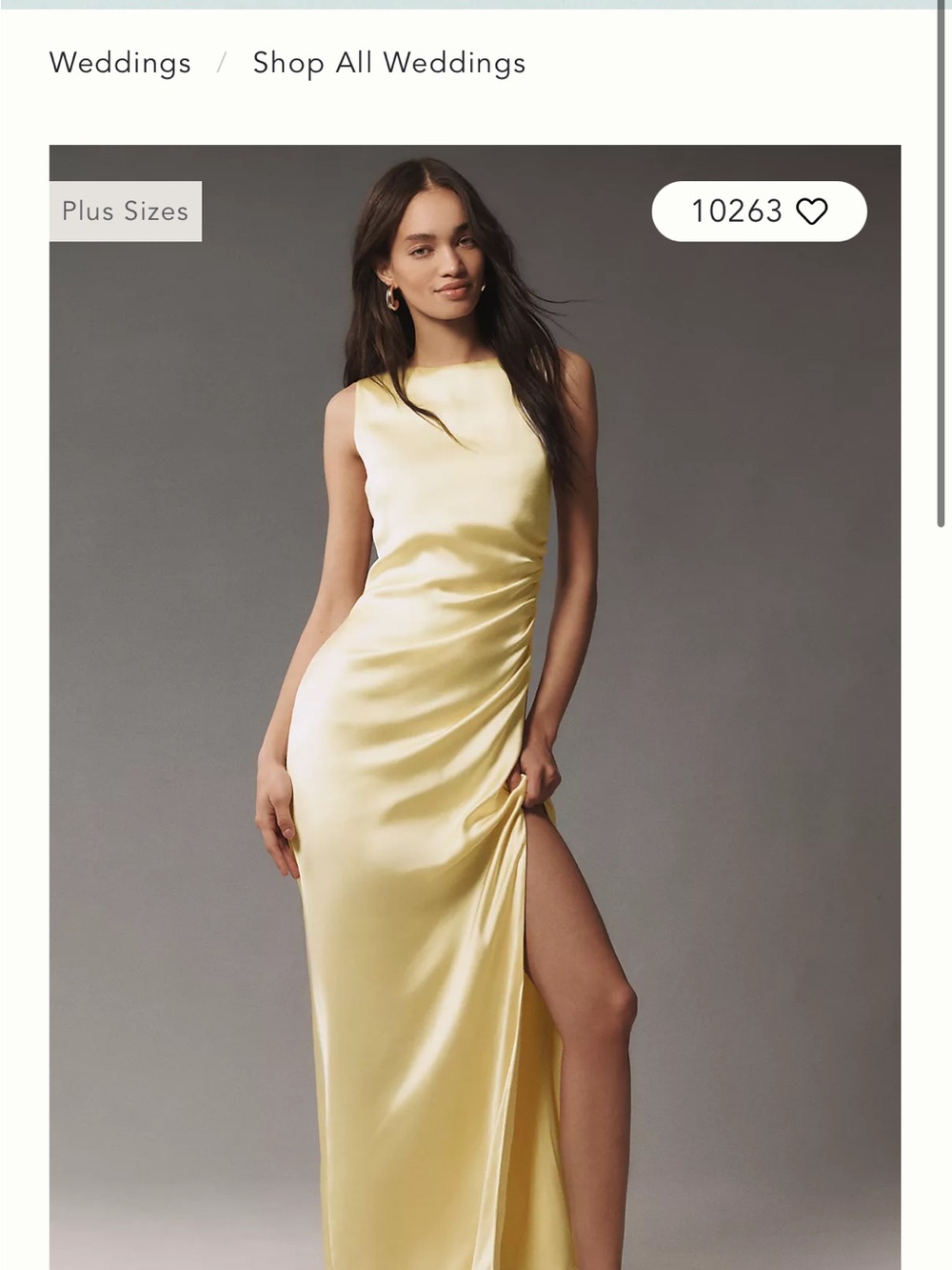 Anthropologie Pale Yellow Satin Maxi Dress with High Slit